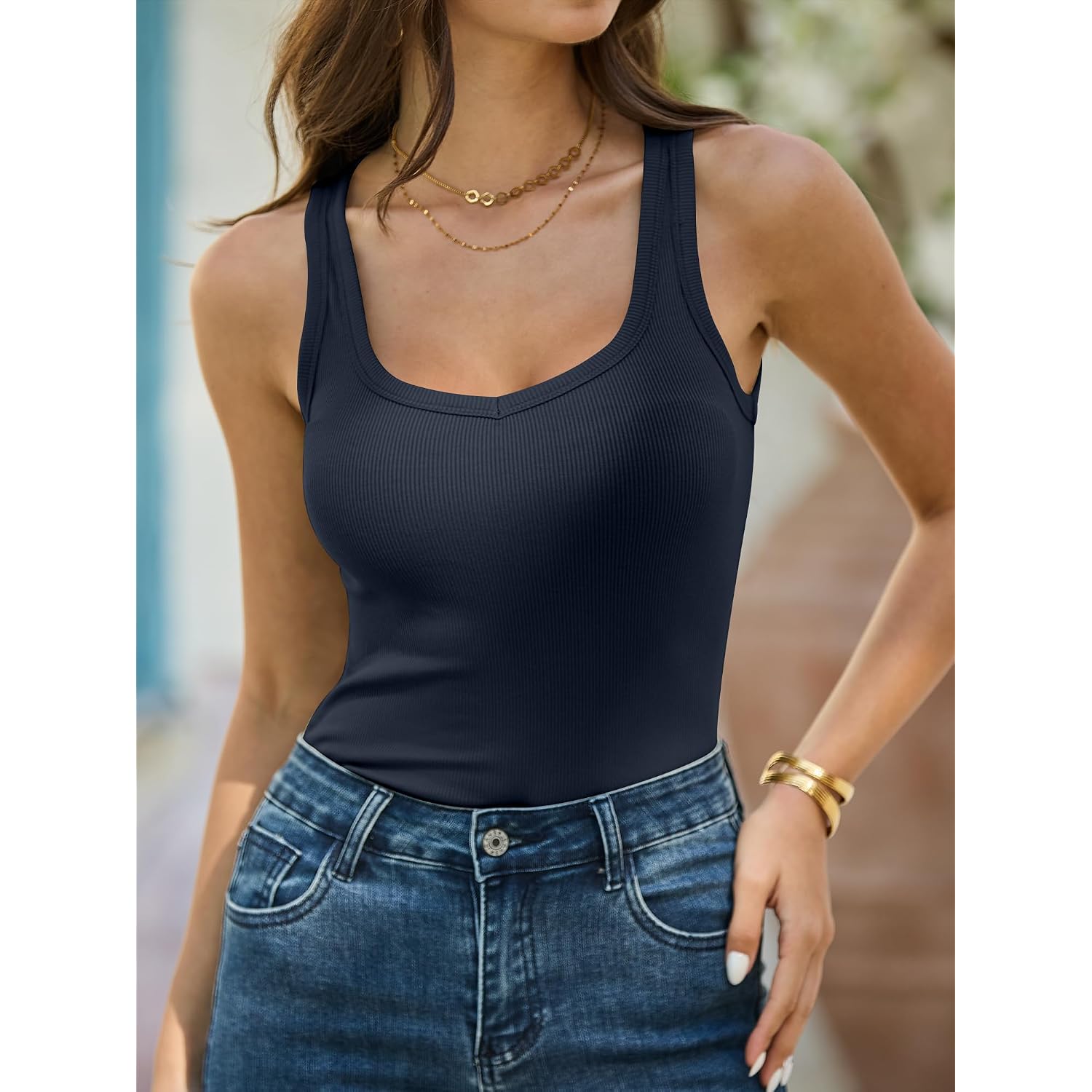 ANRABESS Women's Ribbed Tank Top, Scoop Neck Sleeveless, Fitted Tee for Workout, Going Out, Casual & Summer Wear
