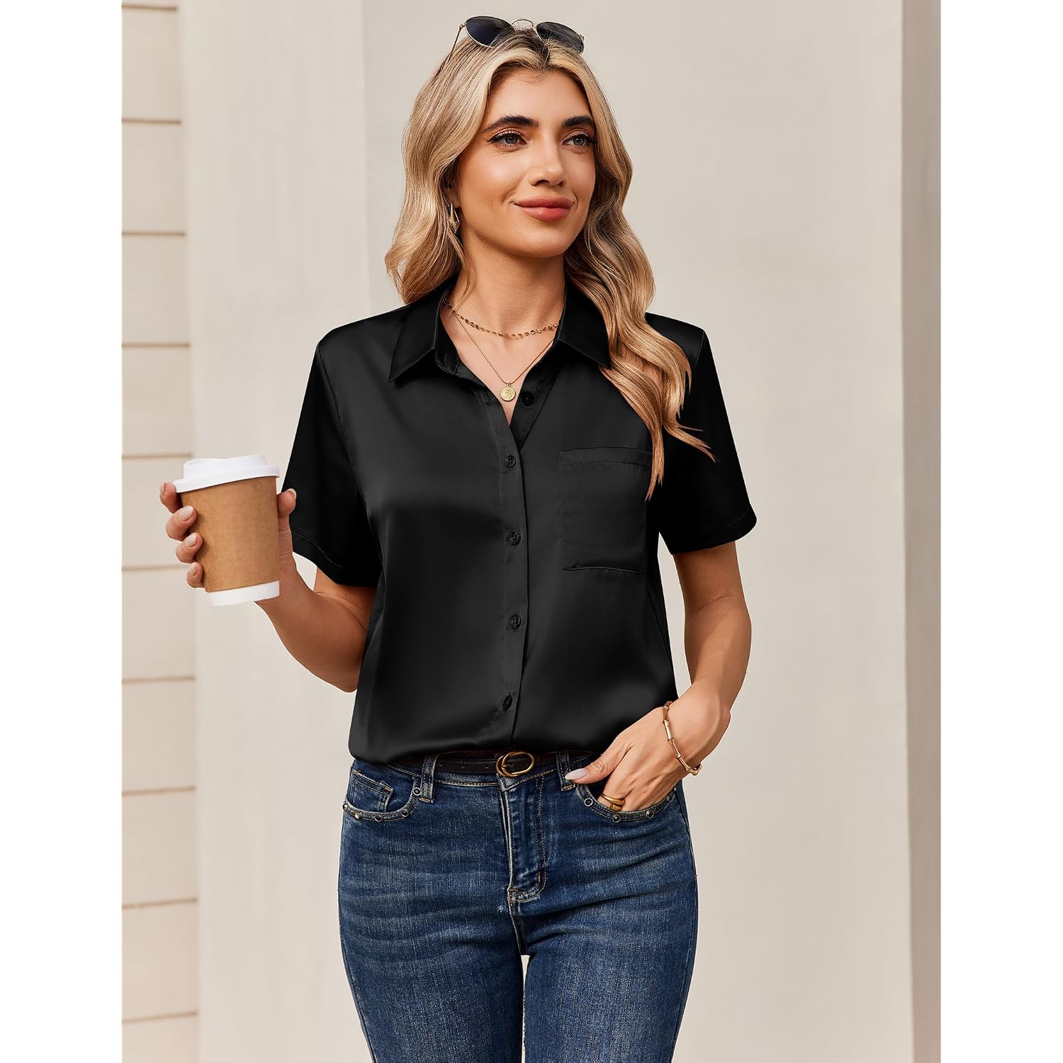 Zeagoo Satin Blouses For Women Silk Button Down Shirts Short Sleeve Business Casual Tops
