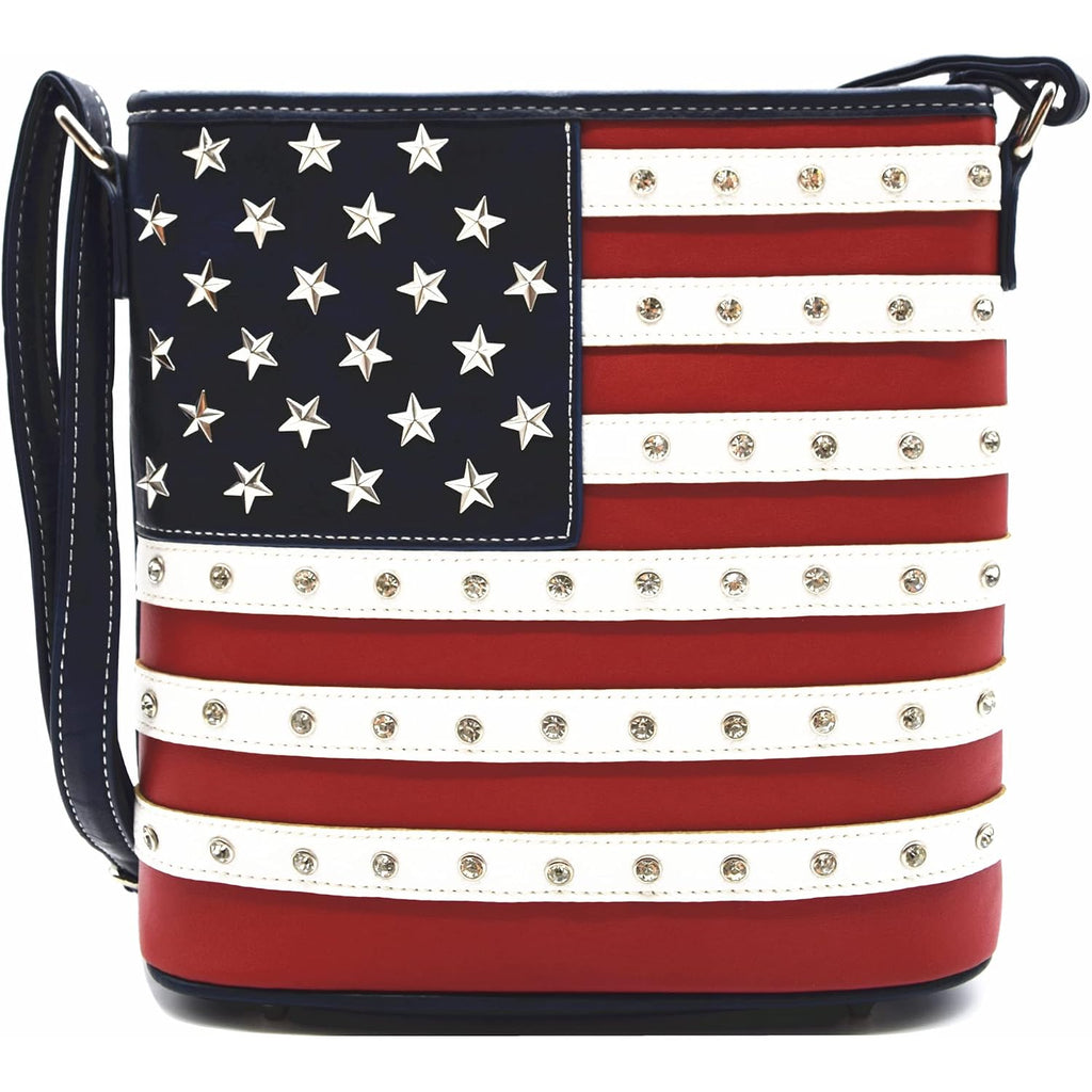 American Flag Stars And Stripes Studs Crossbody Handbag Usa Patriotic Women Purse Leather Single Shoulder Bag