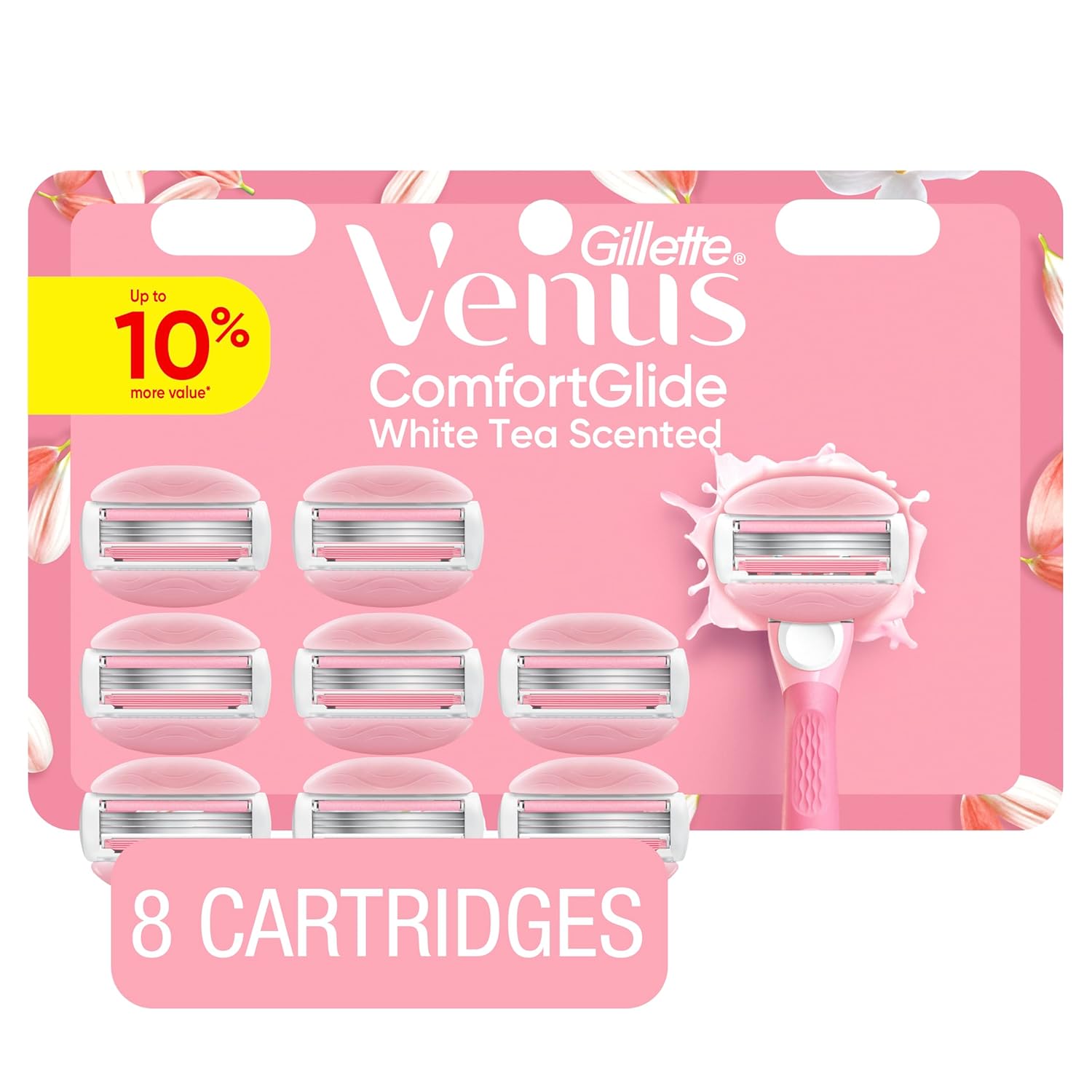 Venus ComfortGlide White Tea Women's Razor Blades, with Built-in Shave Gel Bars, 8 Razor Blade Refills