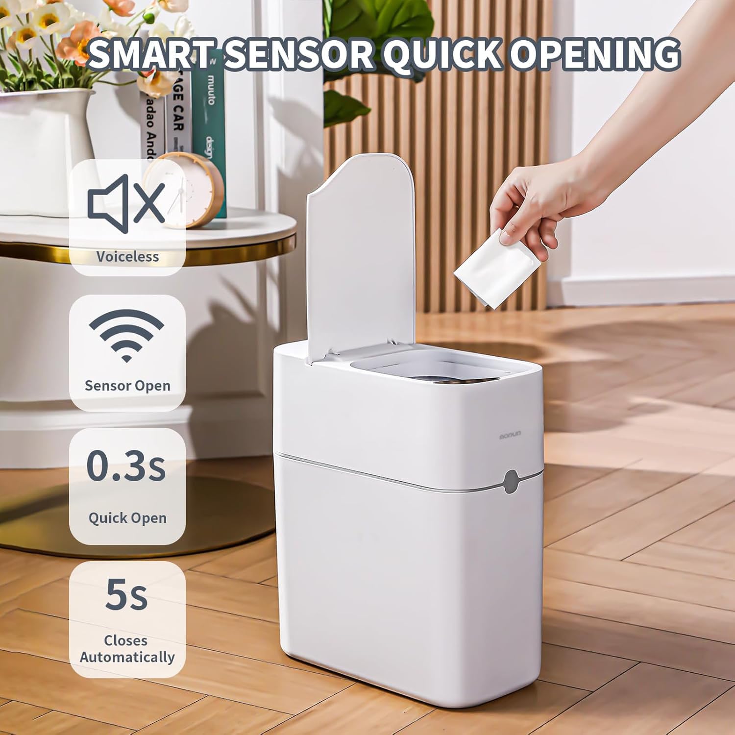 Bathroom Trash Can, Automatic Bagging Garbage Can, 3.5 Gallon Slim Smart Small Plastic Trash Bin, Narrow Motion Sensor Trash Can For Bedroom, Office White