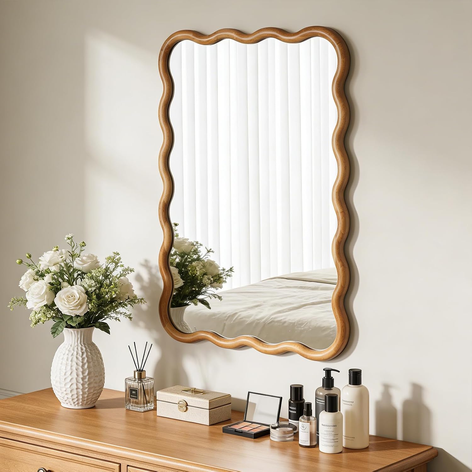 24"X36" Wavy Wood Mirror, Natural Wood Boho Accent Wall Mirror With Wooden Frame, Decorative Wall Mounted Mirror For Horizontal Or Vertical Hanging In Bathroom, Bedroom, Living Room