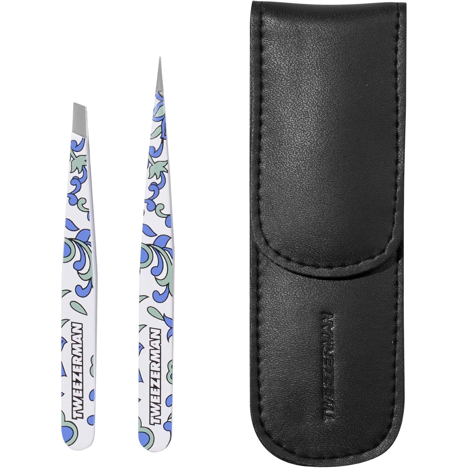 Tweezerman Paisley Petite Point and Slant Tweezer Set with Travel Case - Eyebrows for Women and Men