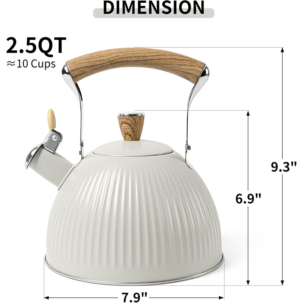 Lonffery Tea Kettle For Stove Top, 2.5 Quart Whistling Tea Kettle, Stainless Steel And Wood Pattern Folding Handle, Creamy White
