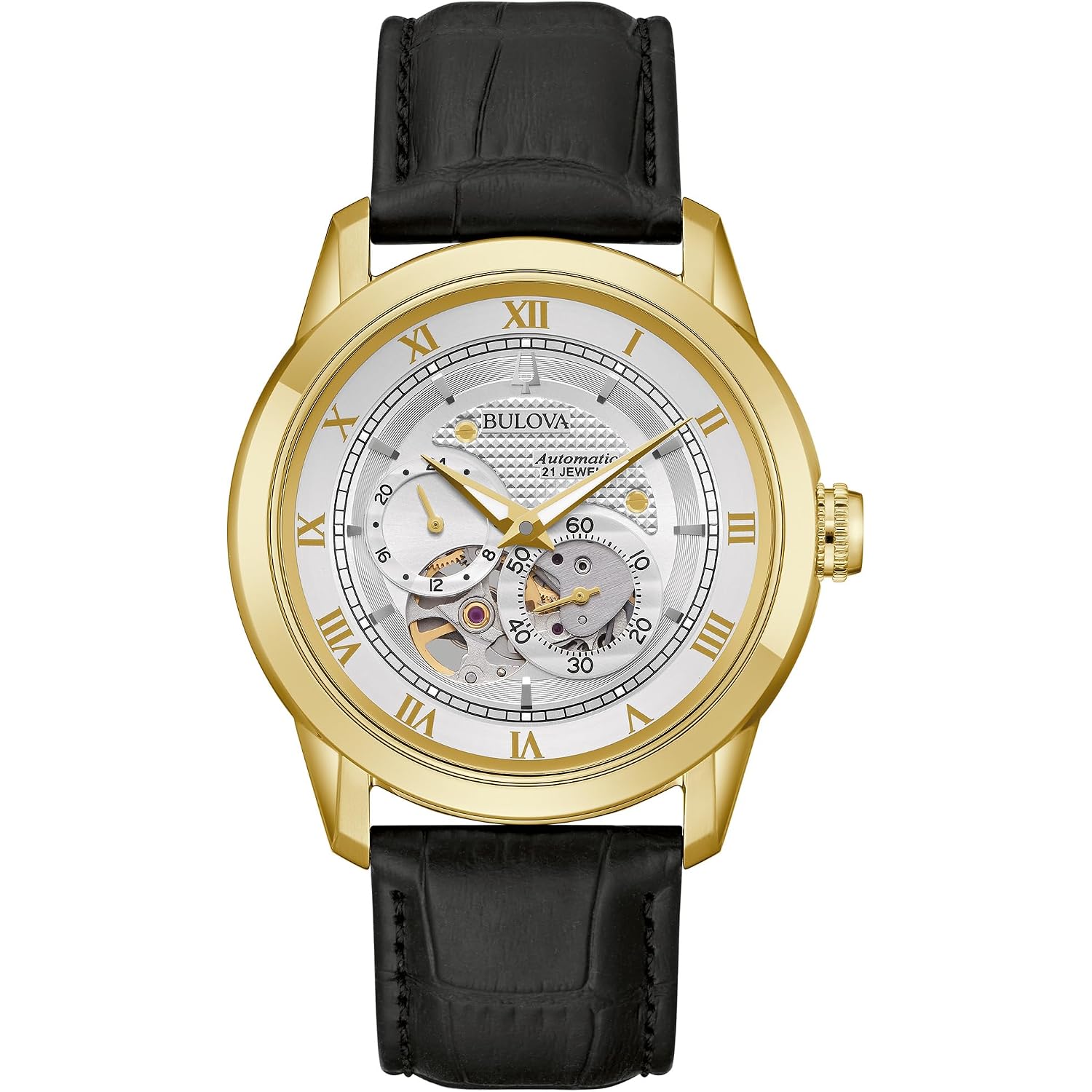 Bulova Men'S Classic Sutton 4-Hand Automatic Watch, 24-Hour Sub Dial, Open Aperture, Self-Winding, Exhibition Caseback, Double Curved Mineral Crystal, Luminous Hands, 42Mm