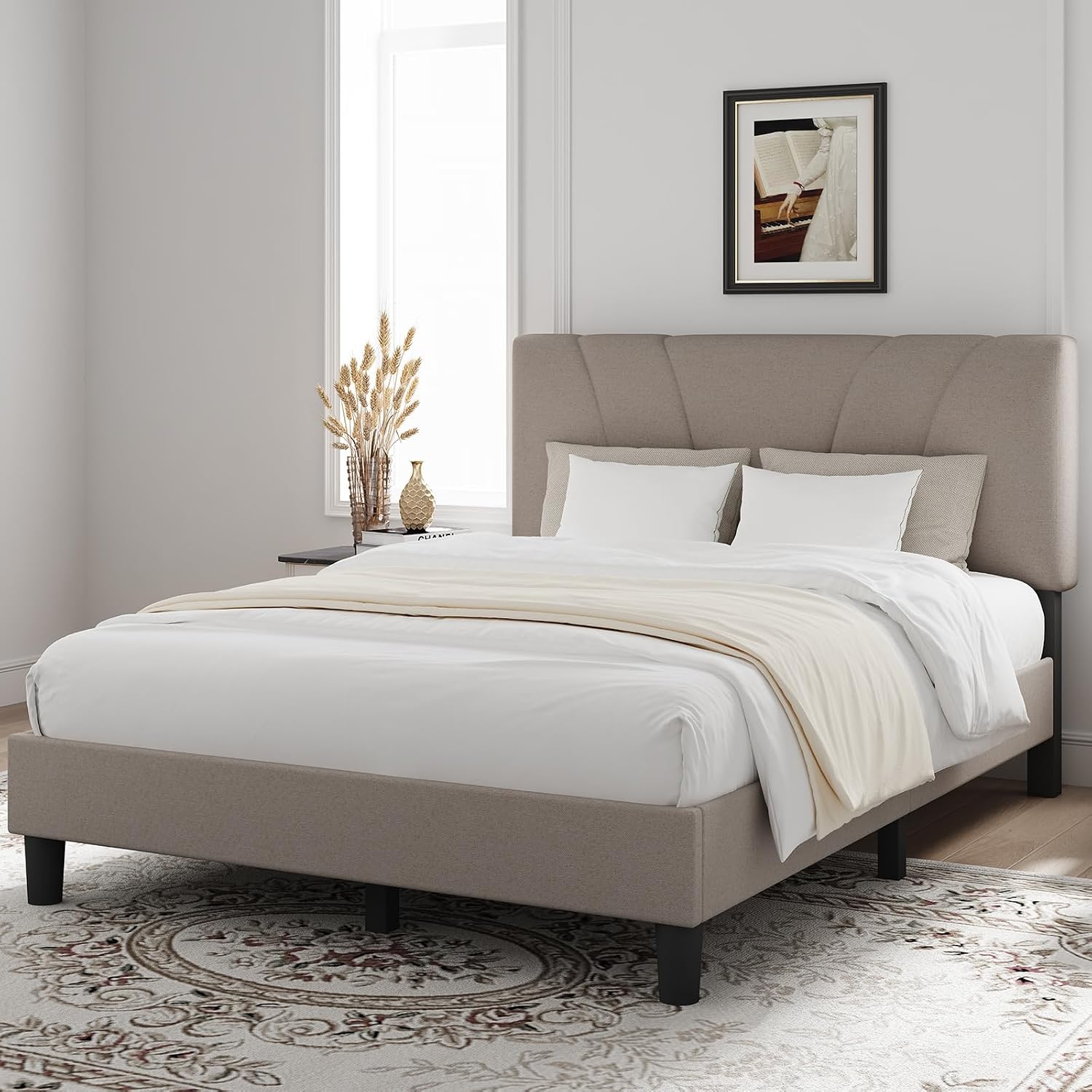 Novilla King Size Bed Frame With Adjustable Headboard Platform King Bed Frame Linen Fabric Upholstered Headboard, No Box Spring Needed, Noise-Free, Wooden Slats Support, Easy Assembly, Beige
