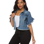 Suvimuga Women's Denim Jacket Button Down Distressed Ruffle Sleeve Crop Jean Jackets Coat