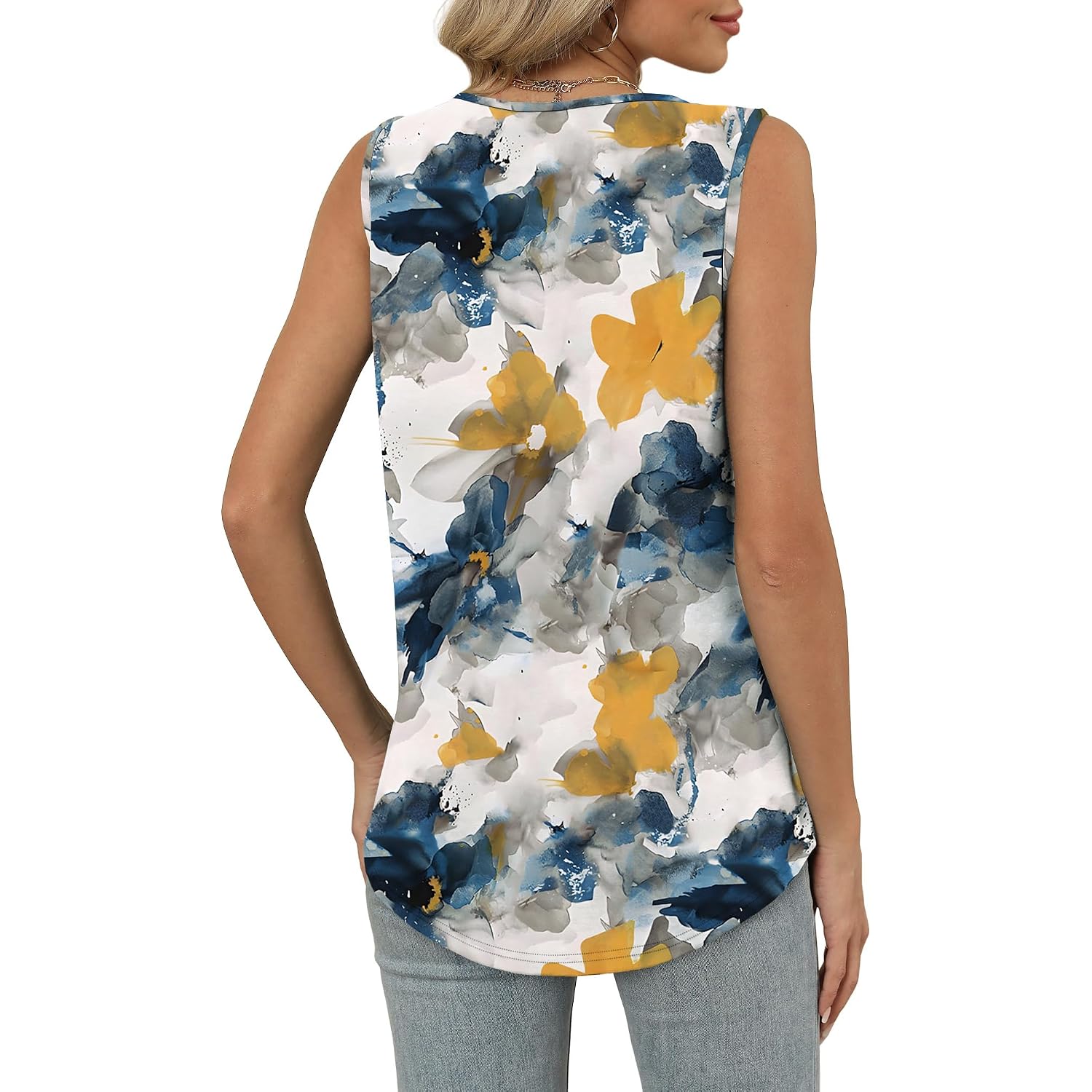 OFEEFAN Tank Top for Women Loose Fit Sleeveless Shirts V Neck Summer Clothes Ruched Women's Tees and Tanks Curved Hem