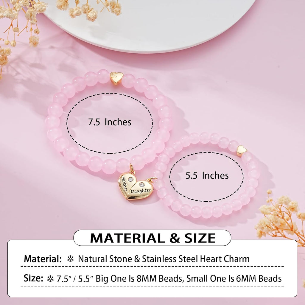 Mothers Day Gifts- Mother Daughter Bracelets Set, Matching Heart Charm Natural Stone Bracelet Jewelry Gifts for Mom Daughter
