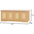 Shoe Bench, Entryway Storage Bench With Doors, Cushion, 2-Tier Shoe Rack With 8-Cubby, 47.2”L X 13.8”W Shoe Organizer Cabinet, Adjustable Shelf, Living Room, Bedroom, Natural With Rattan