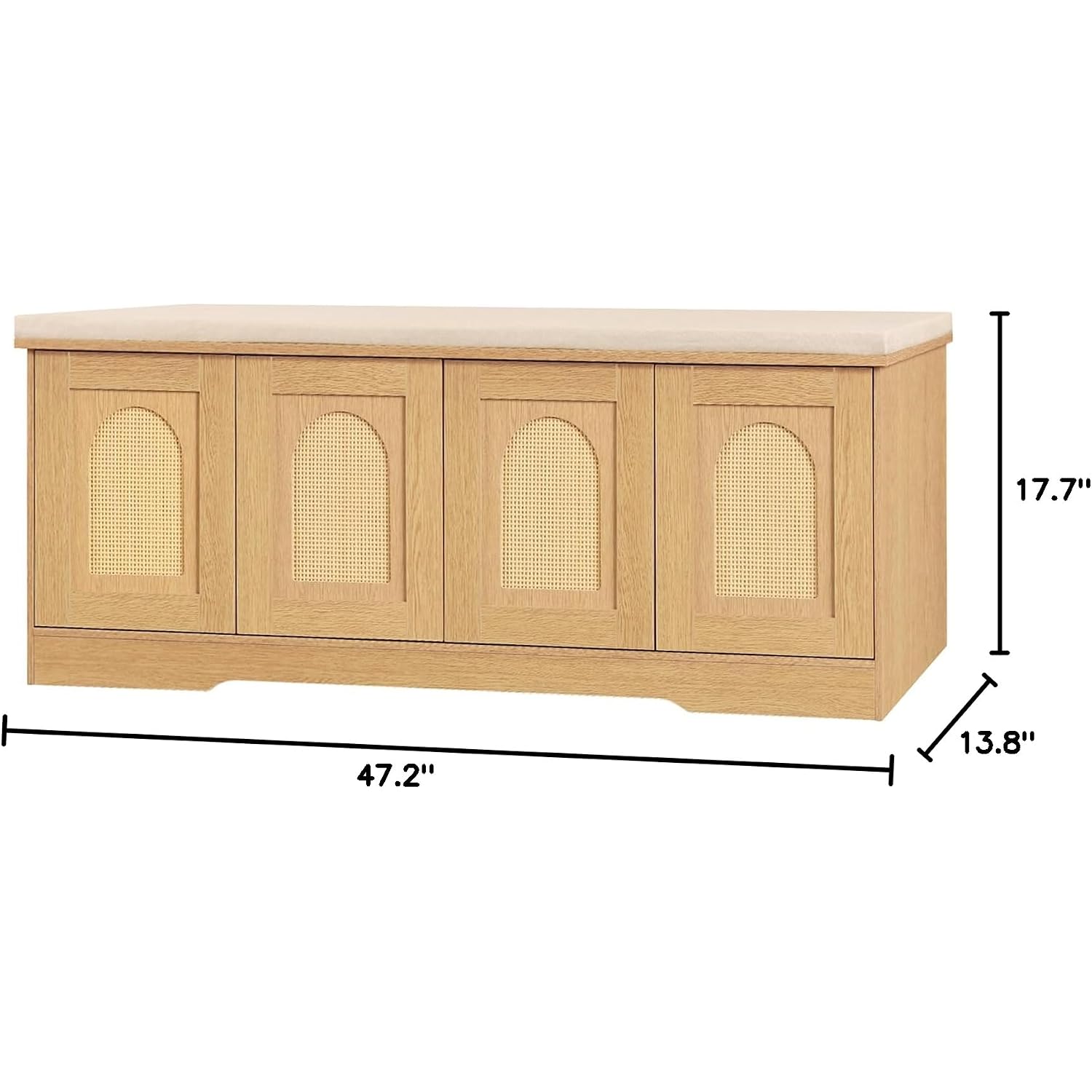 Shoe Bench, Entryway Storage Bench With Doors, Cushion, 2-Tier Shoe Rack With 8-Cubby, 47.2”L X 13.8”W Shoe Organizer Cabinet, Adjustable Shelf, Living Room, Bedroom, Natural With Rattan