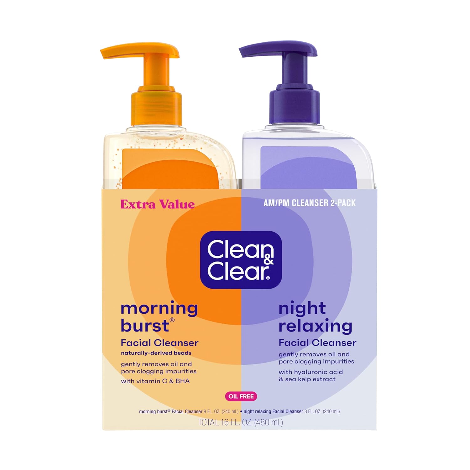 Clean & Clear 2-Pack Oil-Free Facial Cleansers With Citrus Scent, Morning Burst And Night Relaxing, 16 Oz