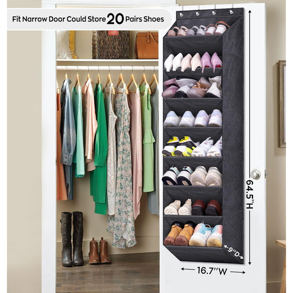 Sleeping Lamb Over The Door Shoe Organizer For Closet With Large Deep Pockets, Narrow Shoe Rack For Door Hanging Boots Storage, Black