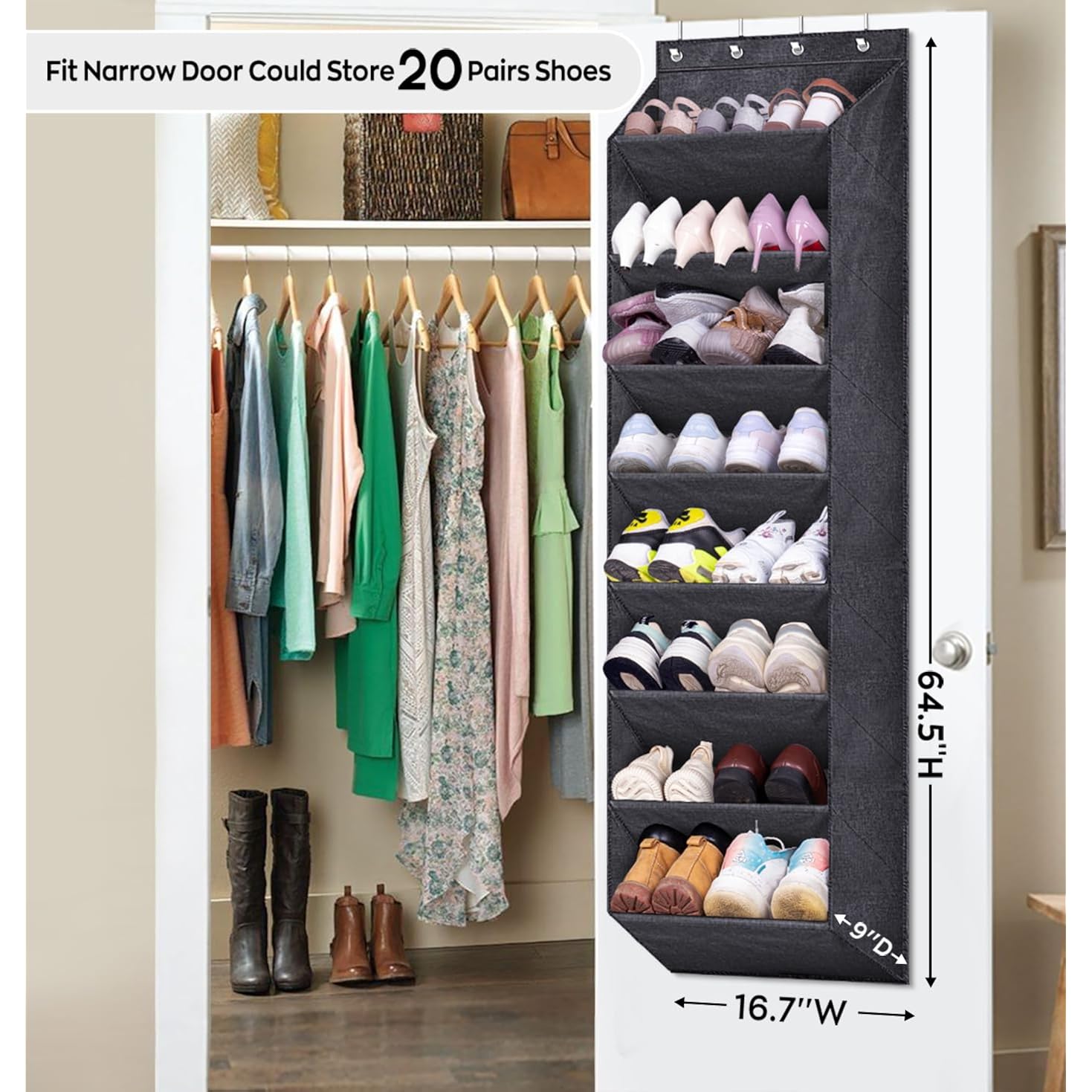 Sleeping Lamb Over The Door Shoe Organizer For Closet With Large Deep Pockets, Narrow Shoe Rack For Door Hanging Boots Storage, Black