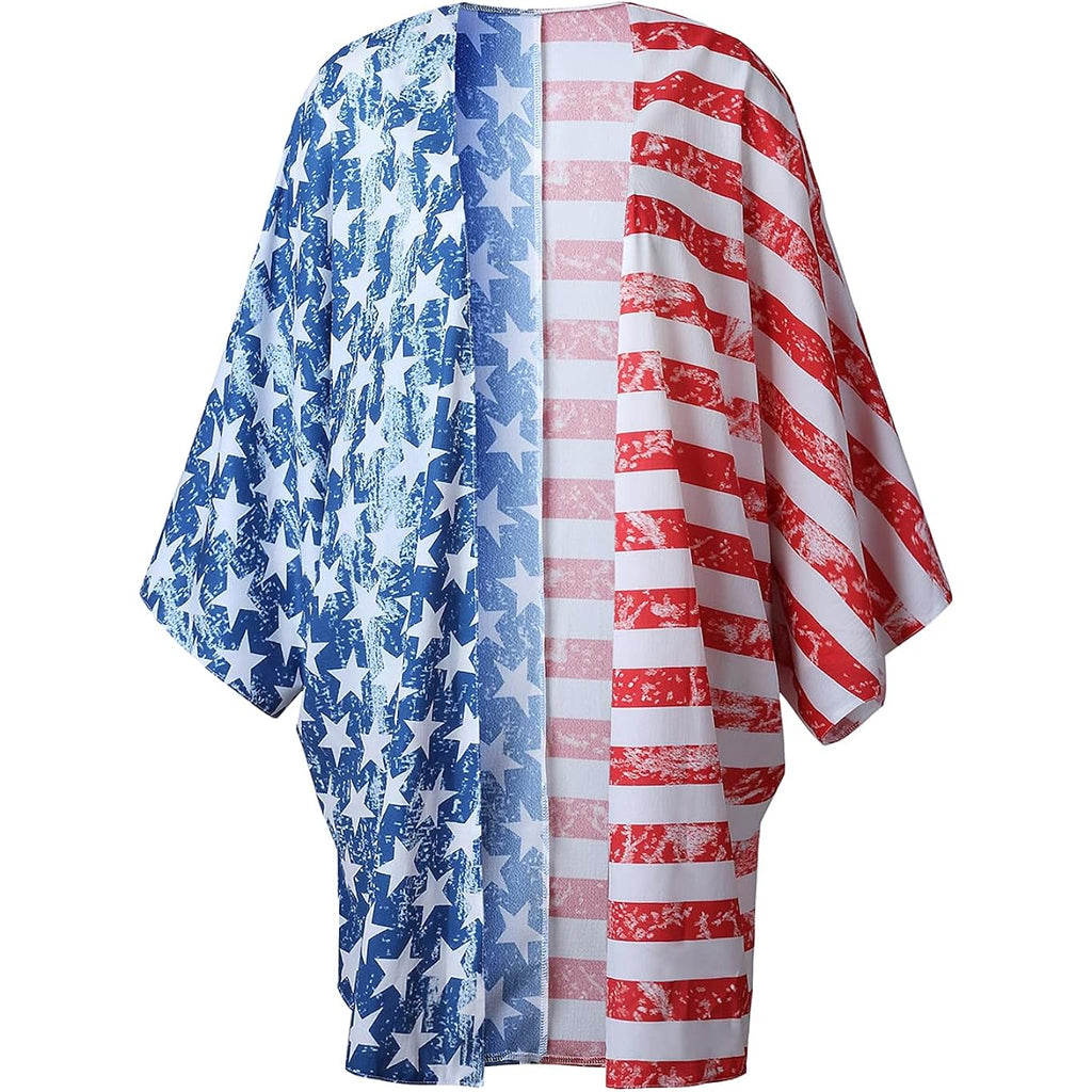 Women's American Flag Kimono Cover up Beachwear Cardigan Loose Tops Shirt Blouse