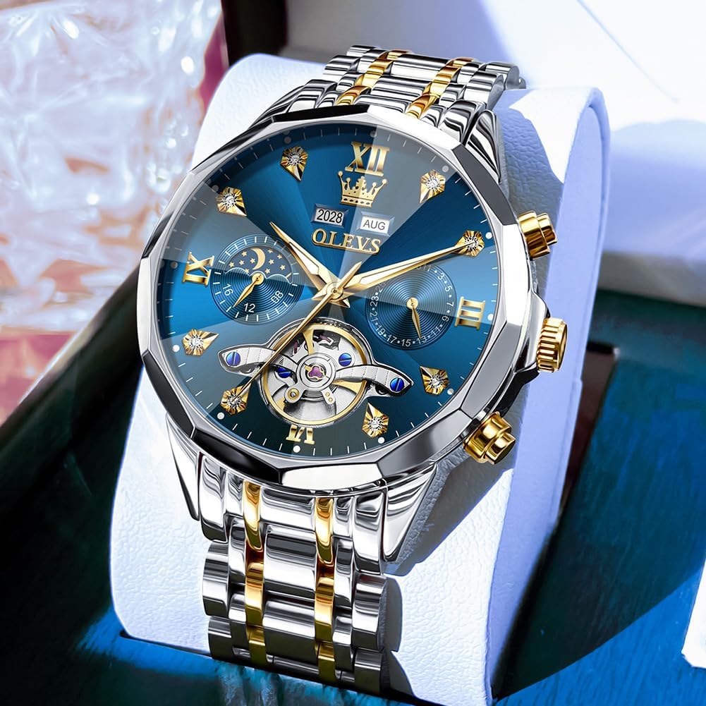 Olevs Skeleton Men Watches Automatic Business Luxury Diamond Self Winding Watch For Men Stainless Steel Calendar Wrist Watch