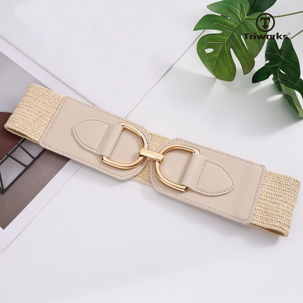 TRIWORKS Straw Woven Elastic Belt for Women Wide Boho Braided stretchy Belt Rattan Waist Belt for Dress