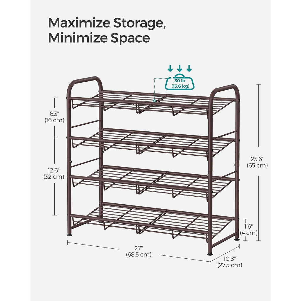 Songmics Stackable Shoe Rack, 4 Tier Metal Shoes Rack Storage Shelf, Holds Up To 16 Pairs Shoes, Adjustable Slanted Shelves Tower Organizer For Closet Entryway Small Spaces, Bronze