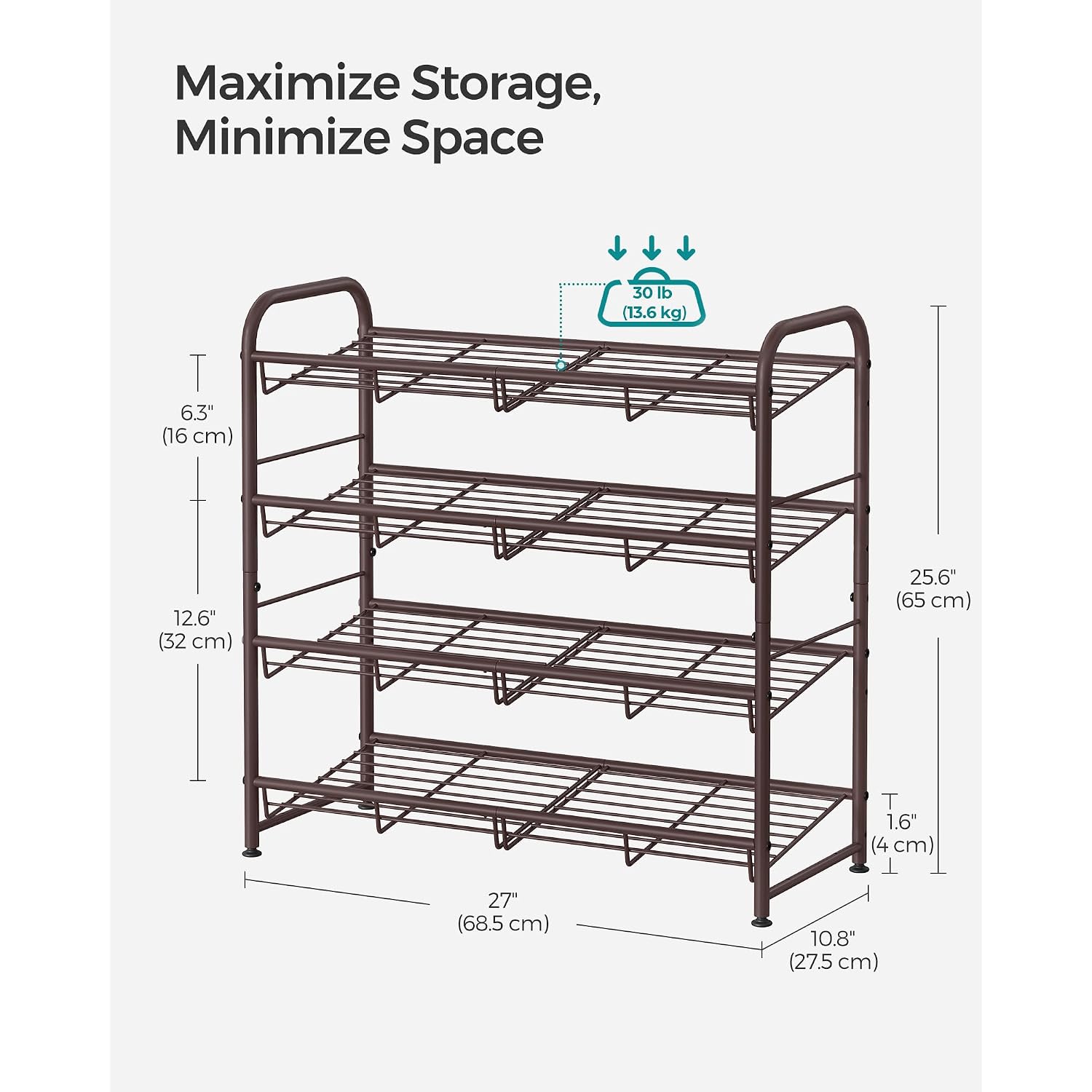 Songmics Stackable Shoe Rack, 4 Tier Metal Shoes Rack Storage Shelf, Holds Up To 16 Pairs Shoes, Adjustable Slanted Shelves Tower Organizer For Closet Entryway Small Spaces, Bronze