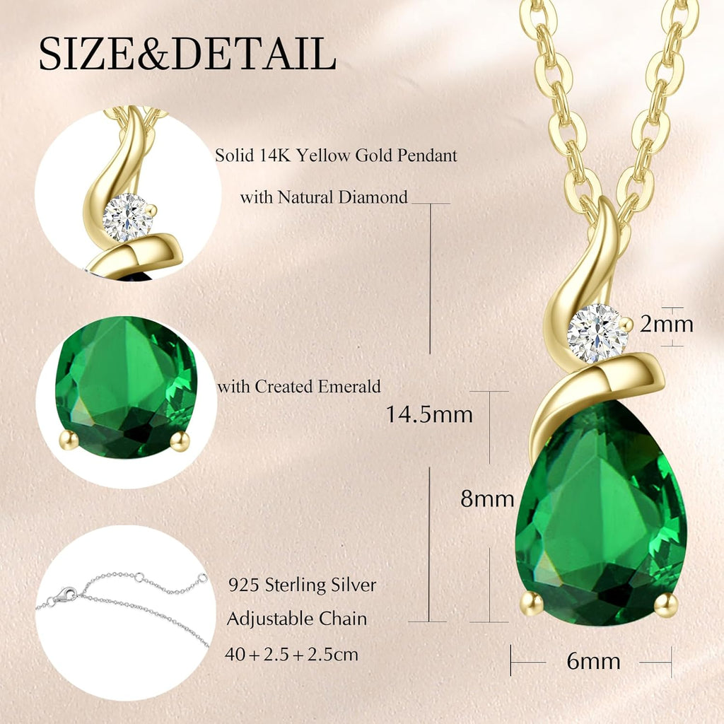 FANCIME 14K Solid Yellow Gold Birthstone Pendant Necklace for Women with Diamond Pear Shaped Teardrop Necklace Birthday Gifts for Mom Women Sterling Silver Chain 16" + 2" Extender