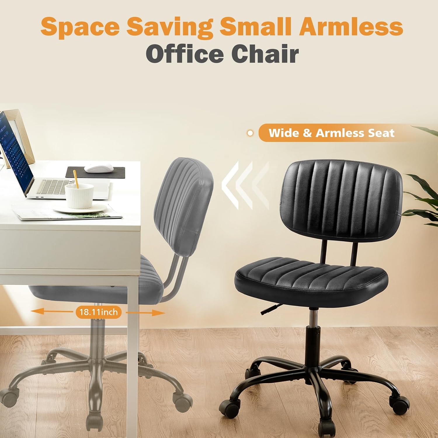 Sweetcrispy Small Office Desk Chair, Armless Pu Leather With Comfy Lumbar Support, Height Adjustable Rolling Swivel Task For No Arms, For Adult, Student, Bedroom, Home, Vanity, Black
