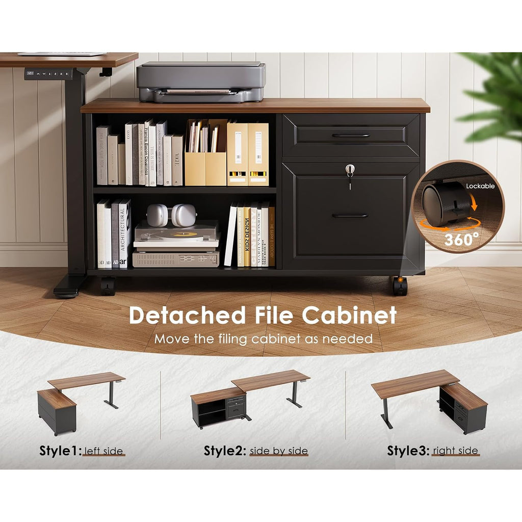 55 Inch L Shaped Electric Standing Desk With Drawers & File Cabinet Sets, Executive Sit Stand Desk, Height Adjustable Computer Desk For Home Office, Writing, Workstation, Walnut+Black