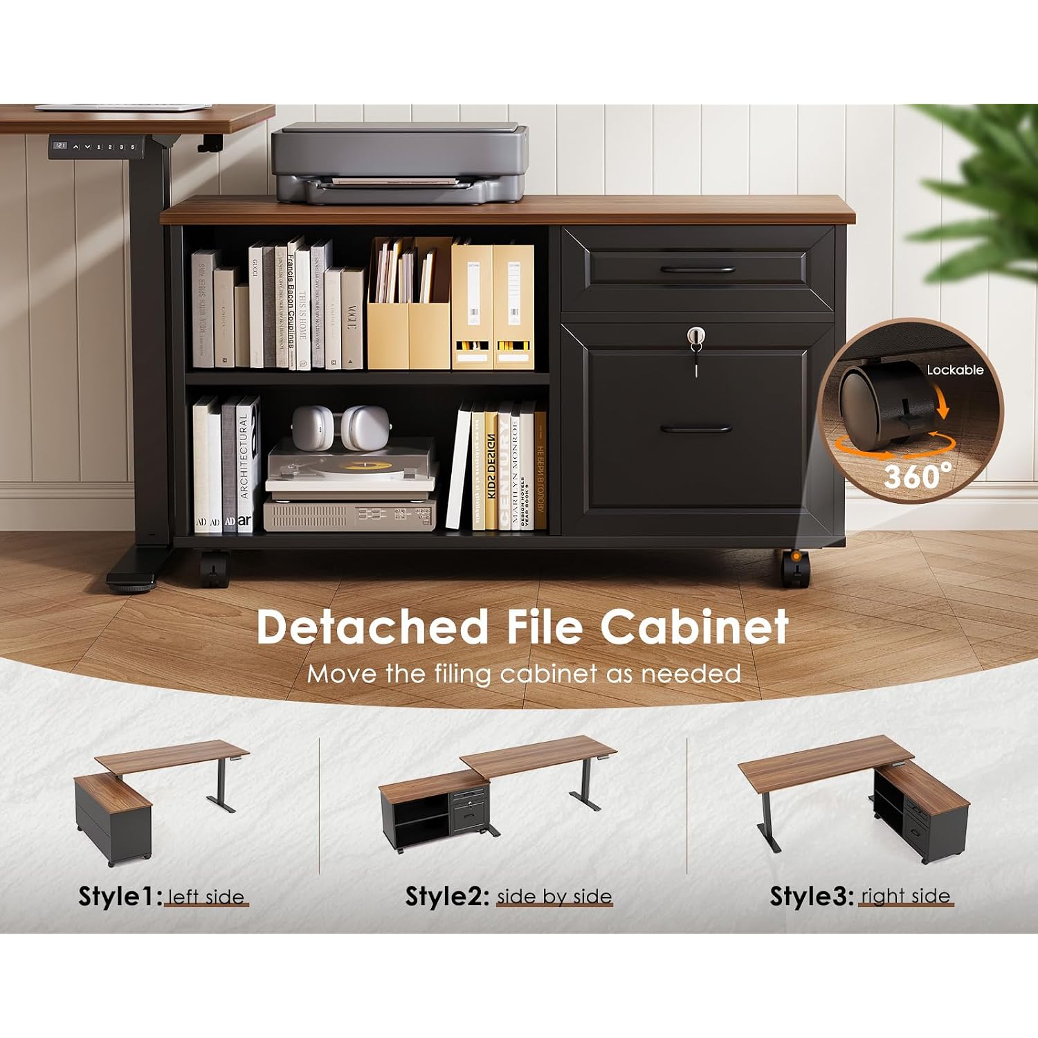 55 Inch L Shaped Electric Standing Desk With Drawers & File Cabinet Sets, Executive Sit Stand Desk, Height Adjustable Computer Desk For Home Office, Writing, Workstation, Walnut+Black