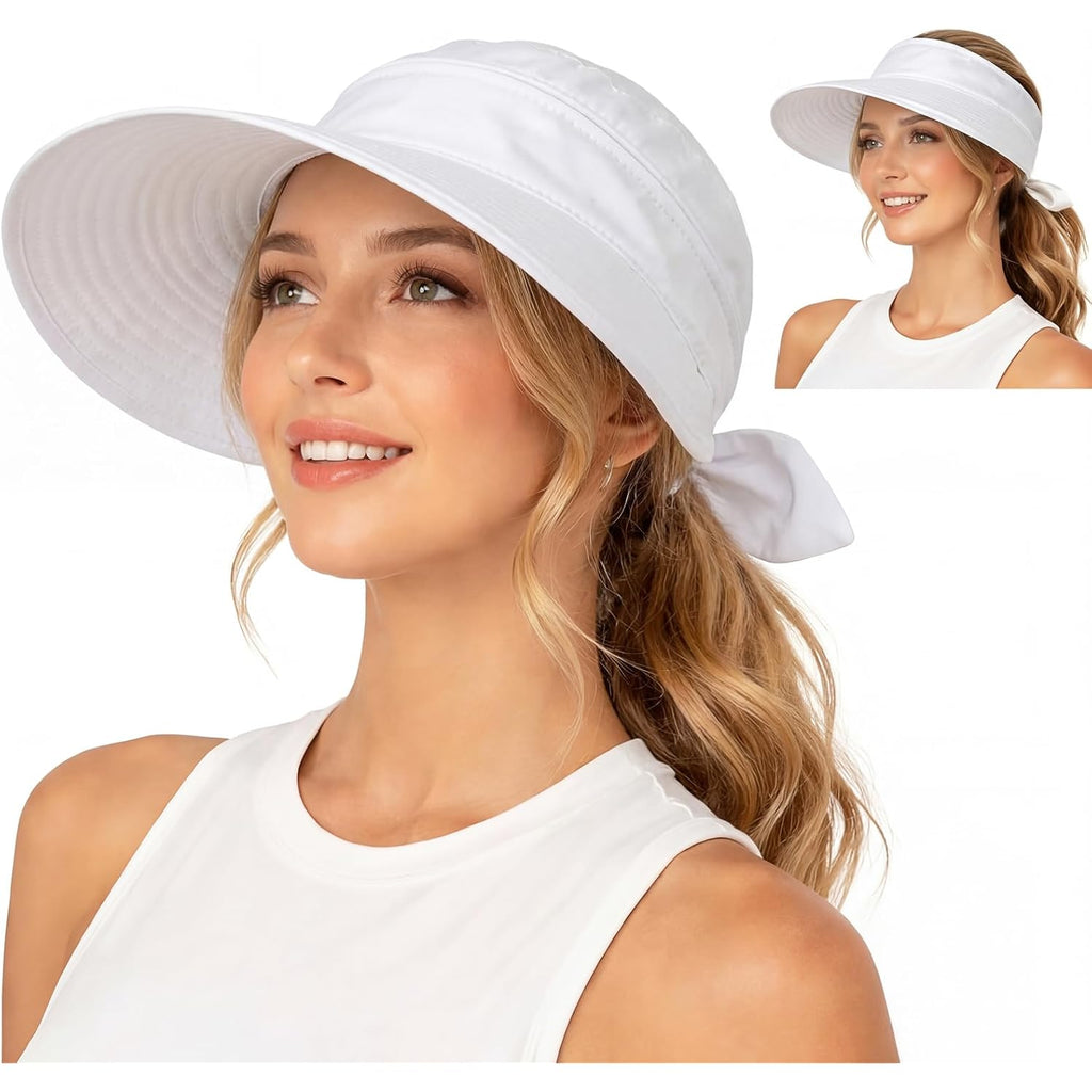 2-in-1 Zip-Off Sun Visor Hat for Women, Lightweight Wide Brim UV Protection Ponytail Hat, Breathable Summer Cap White