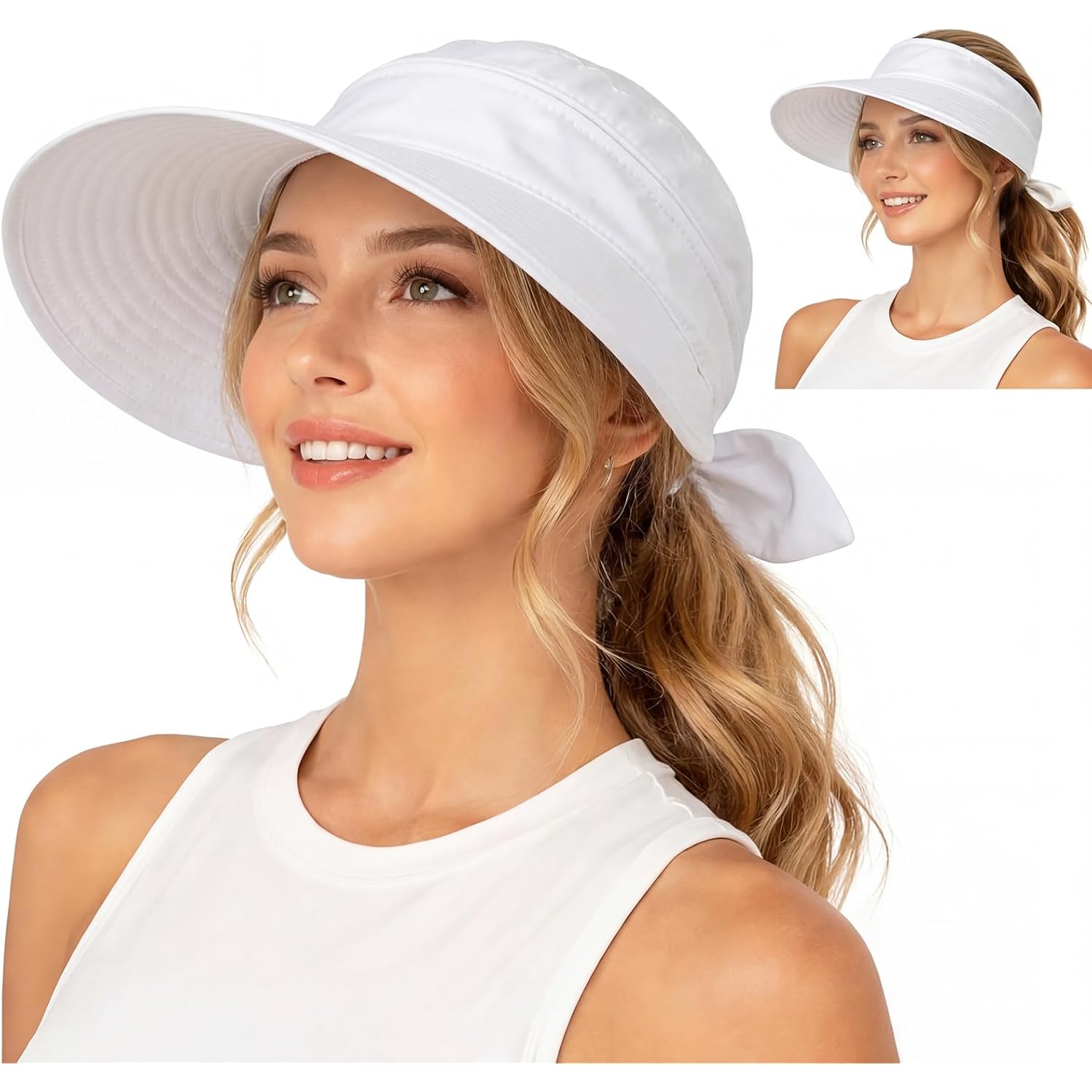 2-in-1 Zip-Off Sun Visor Hat for Women, Lightweight Wide Brim UV Protection Ponytail Hat, Breathable Summer Cap White