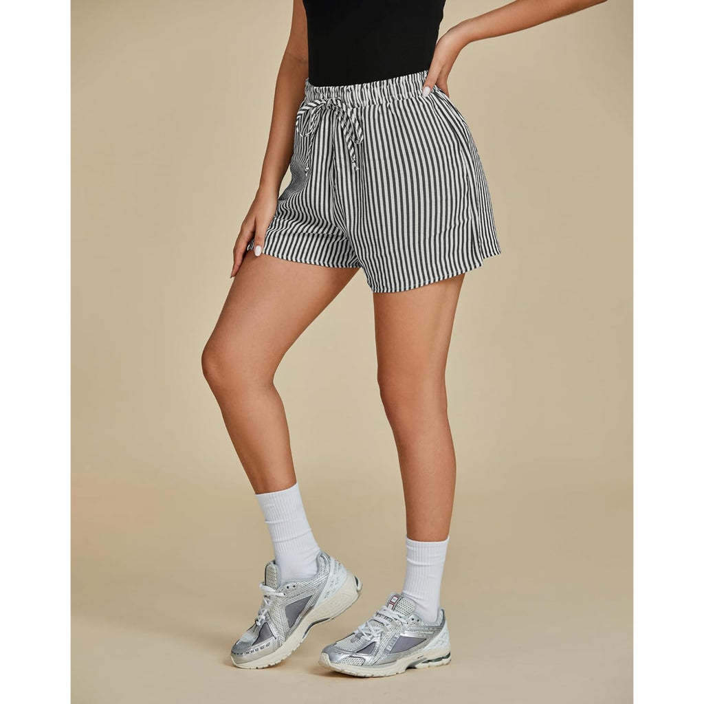 Striped Shorts for Women High Waisted Beach Casual Drawstring Pull On Elastic Waist Summer Shorts with Pockets