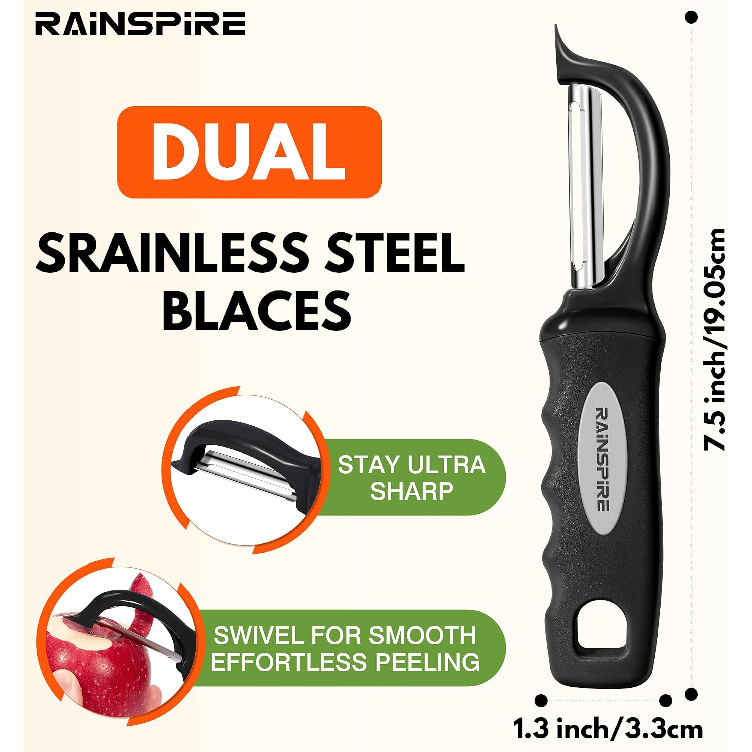 Rainspire Vegetable Peeler Potato Peelers For Kitchen, Sharp Stainless Steel Blades Veggie, Comfortable Handle Fruit Peeler, Carrot Peeler Apple Peeler Dishwasher Safe Black, 1-Pack