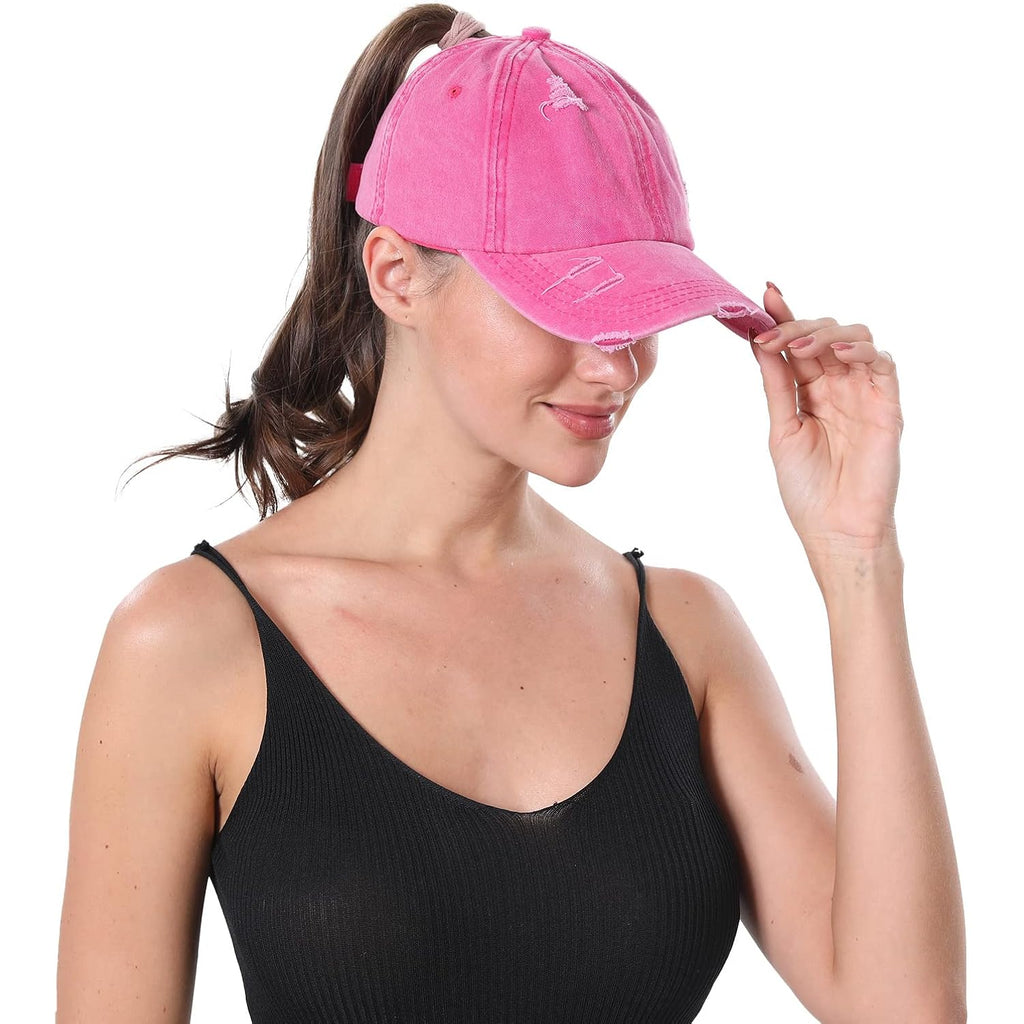 Women Distressed Ponytail Baseball Caps Adjustable Criss Cross Ponytail Hats High Messy Bun Ponycap Trucker Hat White