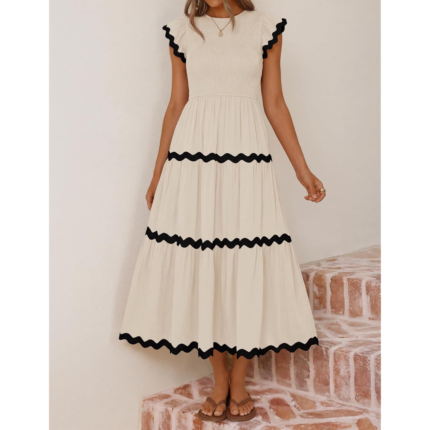 Zesica Womens Summer Casual Smocked Midi Dress 2026 Flutter Short Sleeve High Waist Tiered Flowy Boho Vacation Dresses