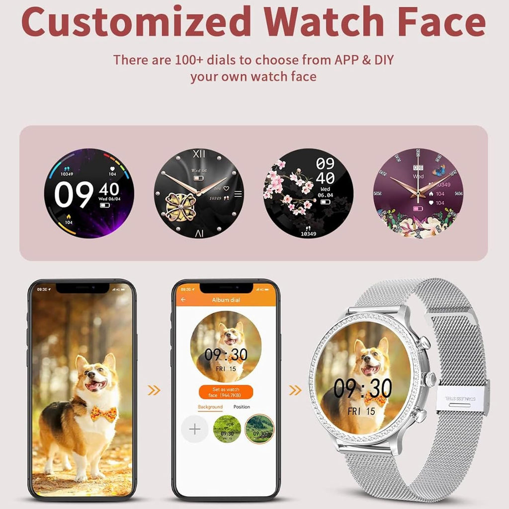 Smart Watch Women Bluetooth Calls for Android iOS Phone Sport Fitness Activity Tracker 1.32" HD Full Touch Screen Heart Rate Sleep Monitor Ladies Silver Mesh Smartwatch Gift,G