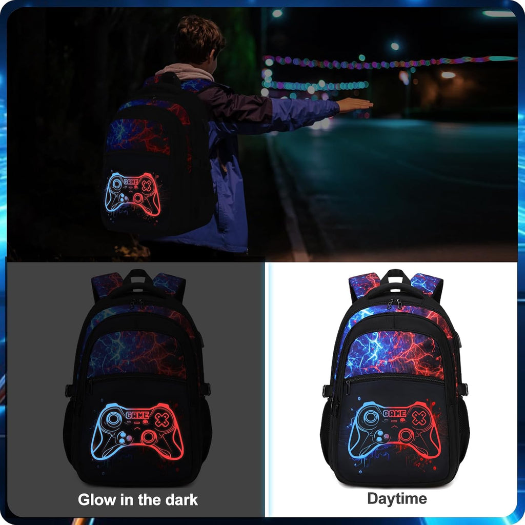 Boys Backpack For School, 3Pcs Cool Luminous Gamer Backpack For Boys With Lunch Box Pencil Case, Kids Backpacks Bookbag For Teen Boy Elementary Middle High School With Usb Charging Port