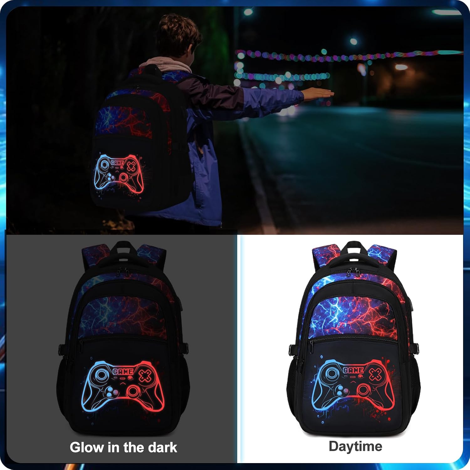 Boys Backpack For School, 3Pcs Cool Luminous Gamer Backpack For Boys With Lunch Box Pencil Case, Kids Backpacks Bookbag For Teen Boy Elementary Middle High School With Usb Charging Port