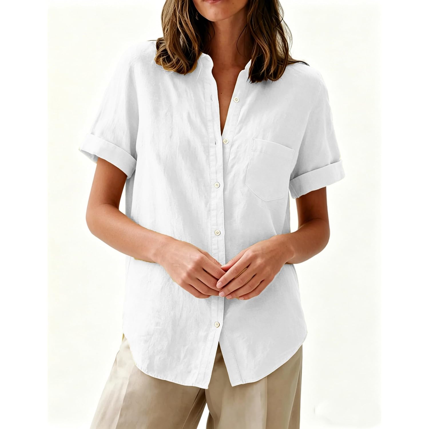 Aoudery Womens Button Down Shirts Short Sleeve Summer Oxford V Neck Collared Button Up Casual Blouses Tops With Pocket