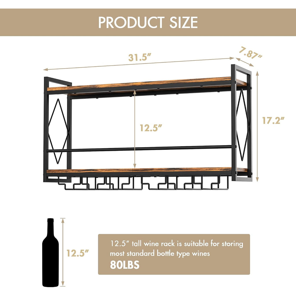 Wall Mounted Wine Rack With Led Light, 31.5" Bar Liquor Shelves With Glass Holder, Metal Hanging Bar Shelves Wine Storage Rack Display For Kitchen Home Bar Dining Room Living Room