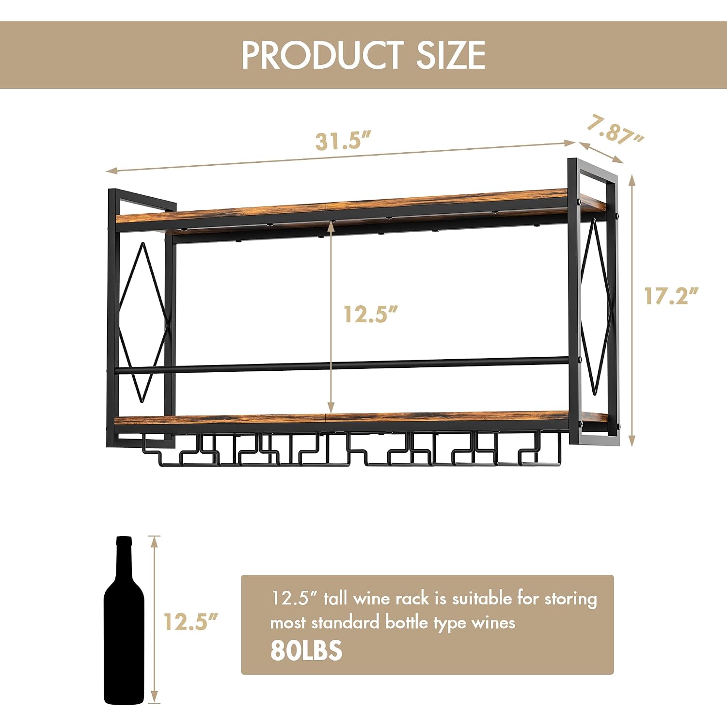 Wall Mounted Wine Rack With Led Light, 31.5" Bar Liquor Shelves With Glass Holder, Metal Hanging Bar Shelves Wine Storage Rack Display For Kitchen Home Bar Dining Room Living Room