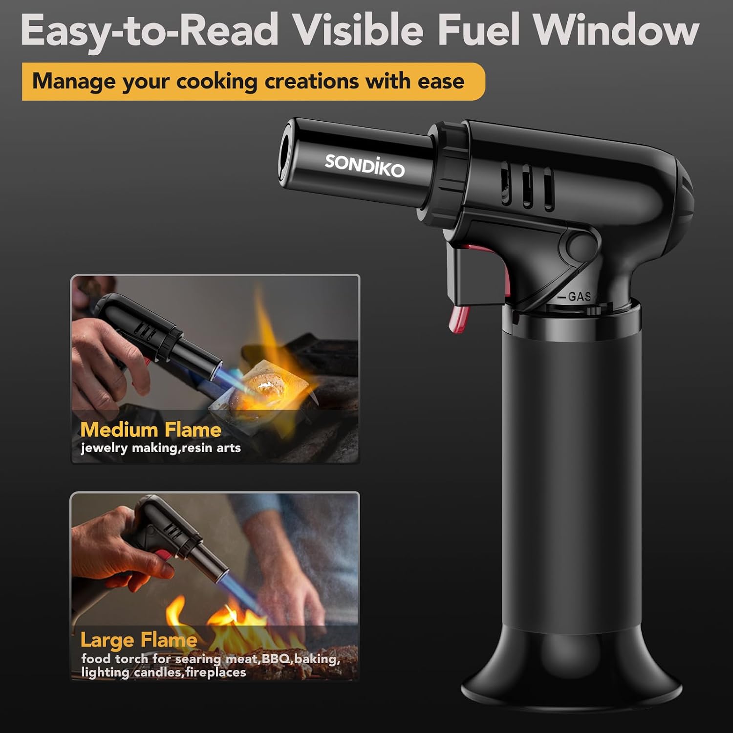 Sondiko Butane Torch Lighter With Visible Fuel Window, Refillable Soldering Torch With Adjustable Flame For Welding, Resin Art, Industrial (Butane Gas Not Included)