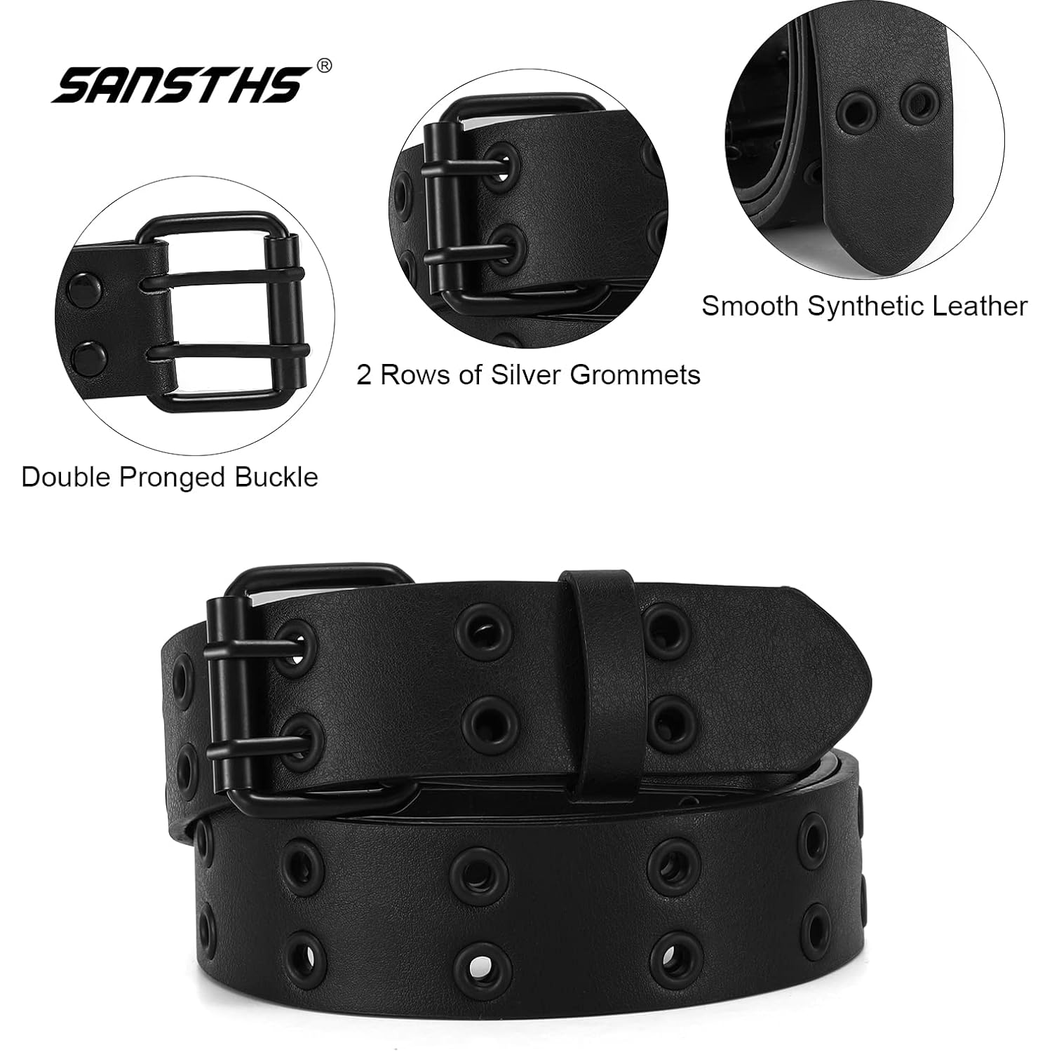 SANSTHS Women Double Grommet Studded Belts, Black Leather Belt for Women Men Punk belt