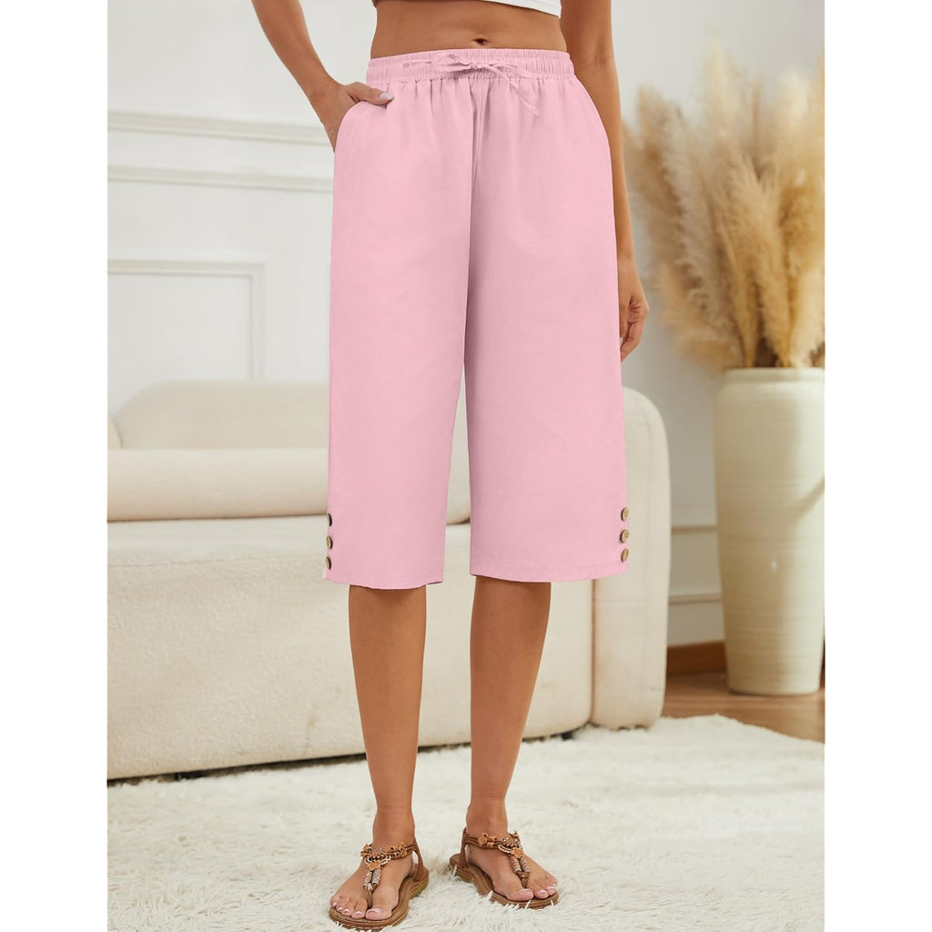 Womens Capris Pants High Waist Drawstring Comfy Casual Pants Lightweight Trousers Buttons with Pockets