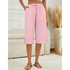 Womens Capris Pants High Waist Drawstring Comfy Casual Pants Lightweight Trousers Buttons with Pockets