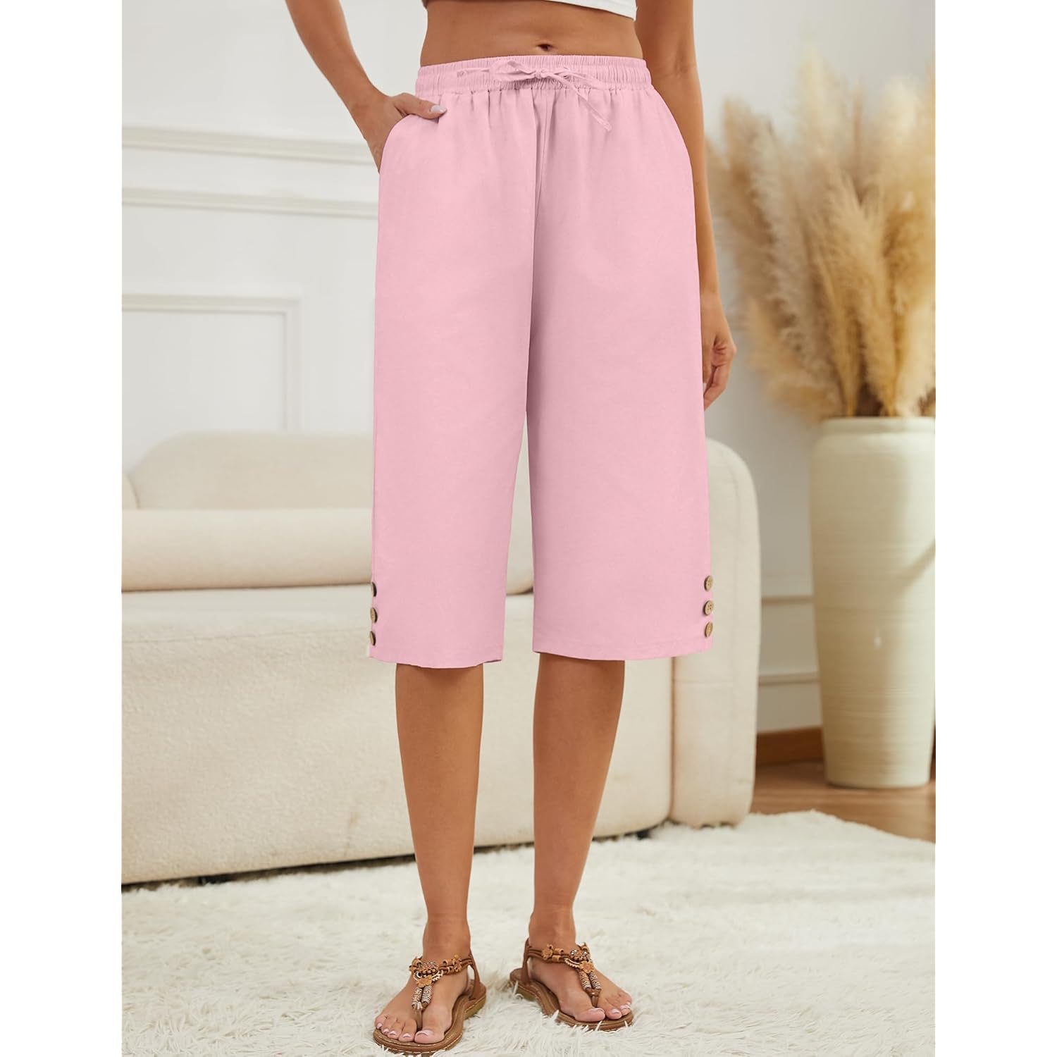 Womens Capris Pants High Waist Drawstring Comfy Casual Pants Lightweight Trousers Buttons with Pockets