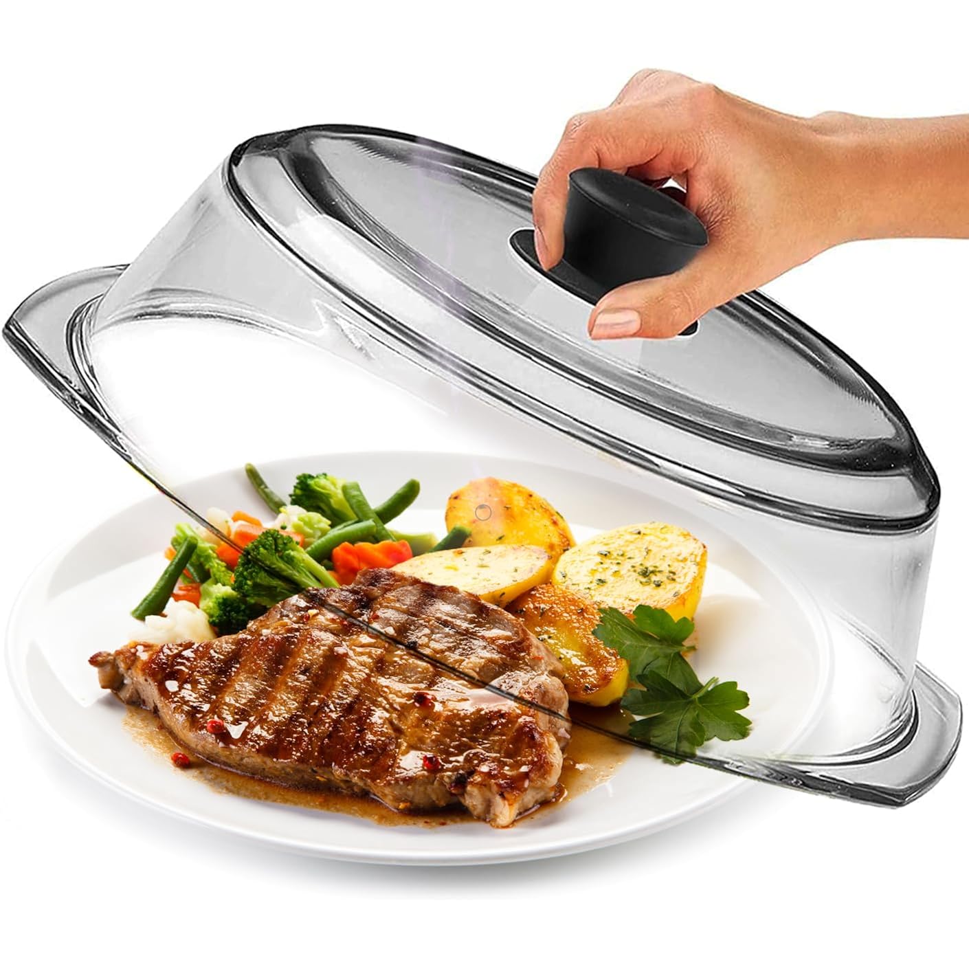 Le’Raze Tall Glass Microwave Splatter Cover For Food - Cookware & Bakeware Serving Dish Cover, Plate Guard Lid With Easy Grip Silicone Handle Knob - 100% Food Grade Bpa Free & Dishwasher Safe - 10In