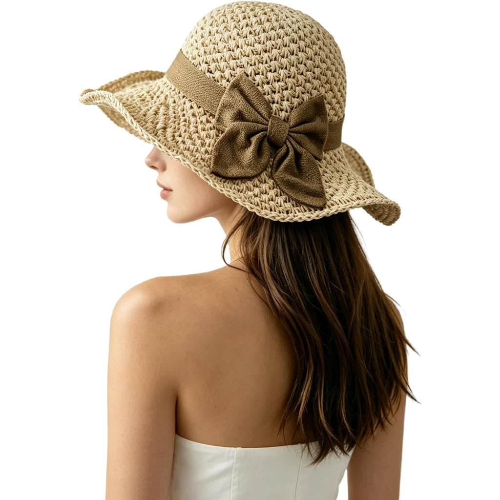Purfun Women Vintage Bowknot Straw Hats Flower Shape Cloche Hat Anti-Uv Floppy Sun Hats Bucket Hat Roll Up Travel Beach Caps