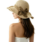 Purfun Women Vintage Bowknot Straw Hats Flower Shape Cloche Hat Anti-Uv Floppy Sun Hats Bucket Hat Roll Up Travel Beach Caps