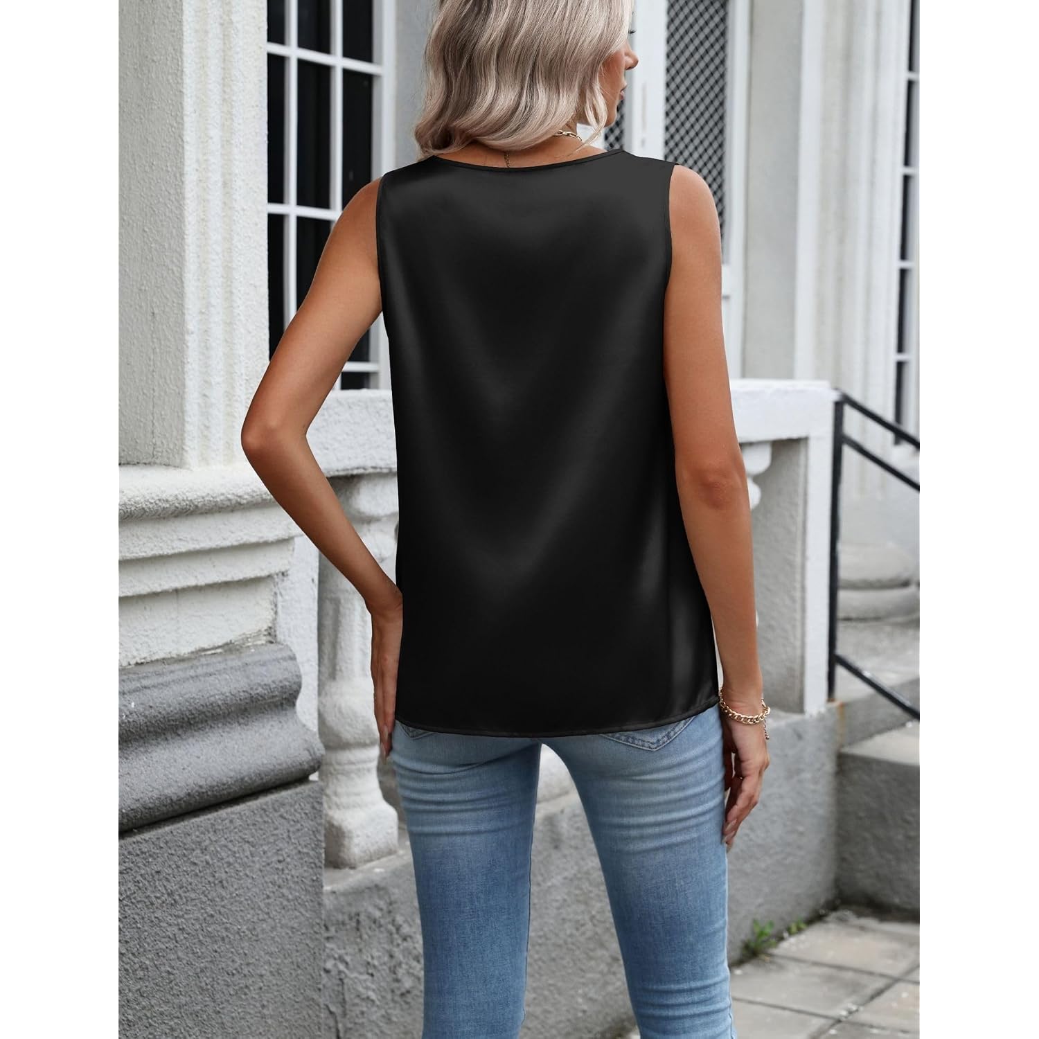 Zeagoo Womens Satin Tank Top Pleated Sleeveless Blouse Dressy Casual Tops Crewneck Silk Shirts Business Summer Clothes