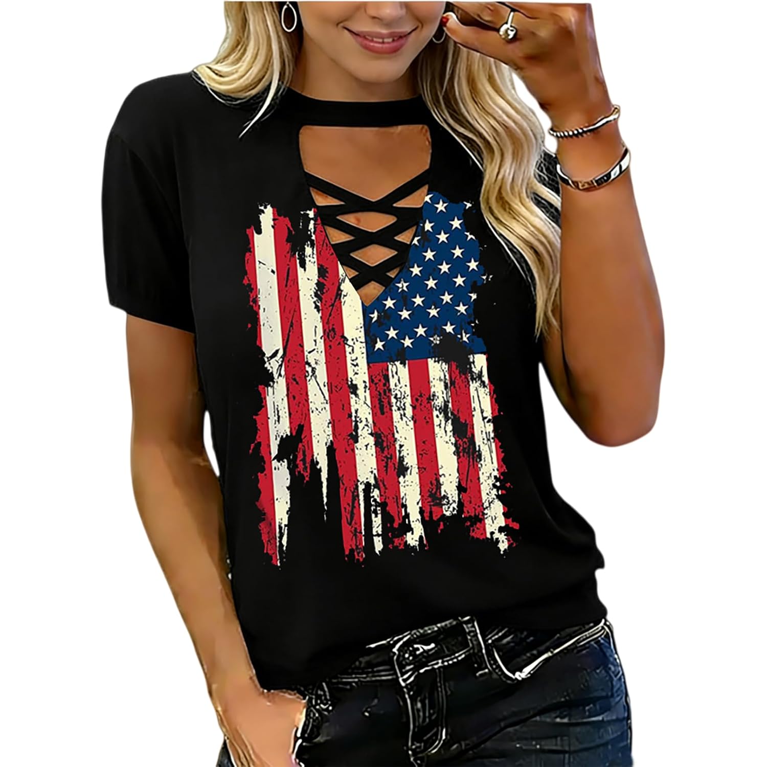 Retro Western Cowboy Shirt for Women's V-Neck Graphic Shirt Country Concert T-Shirt Summer Short-Sleeved Tees Tops Black4