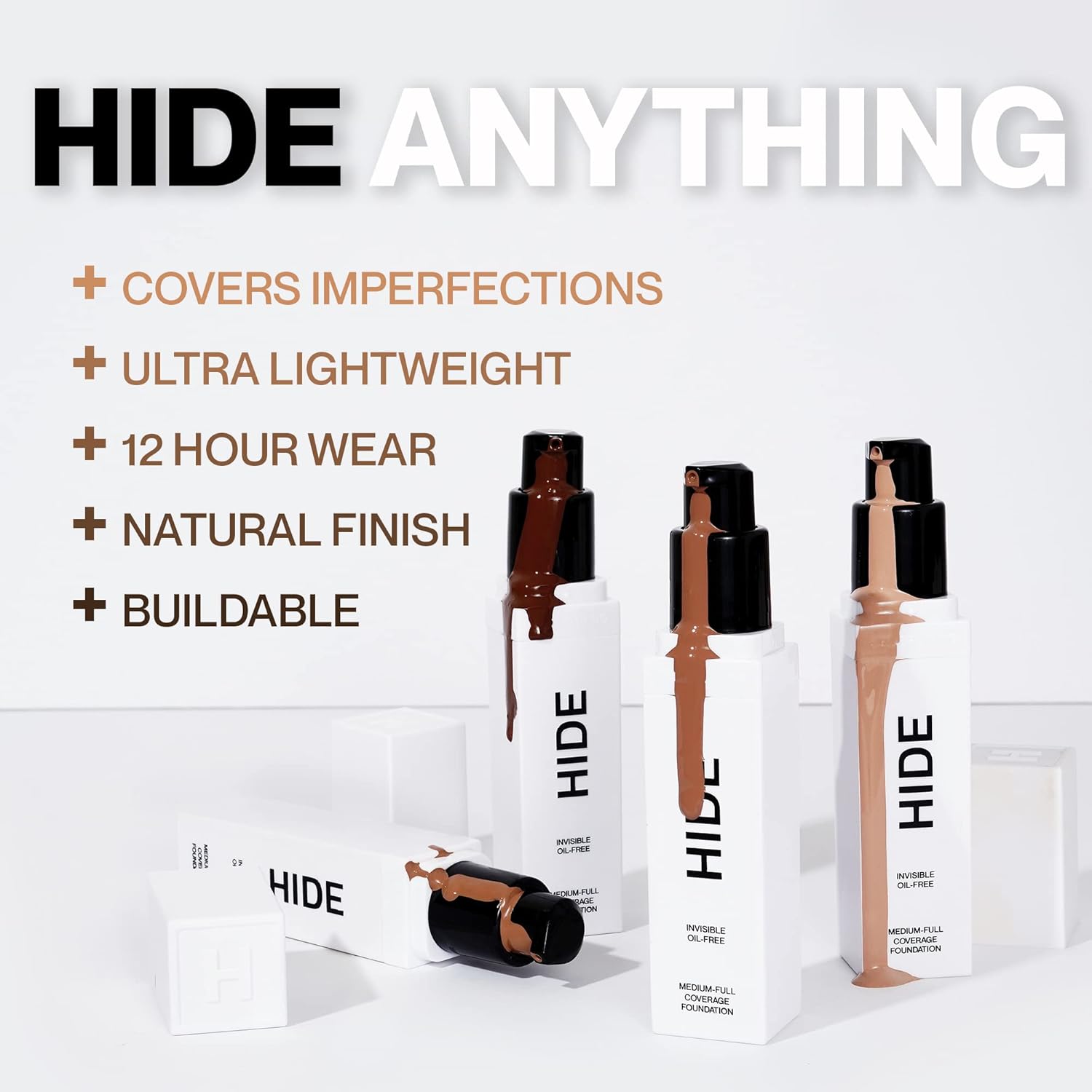 HIDE PREMIUM Liquid Foundation, Multi-Use Waterproof Foundation, Medium/Full Coverage Foundation, Shades for All Skin Types (See Shade Finder), Walnut, 1 fl oz